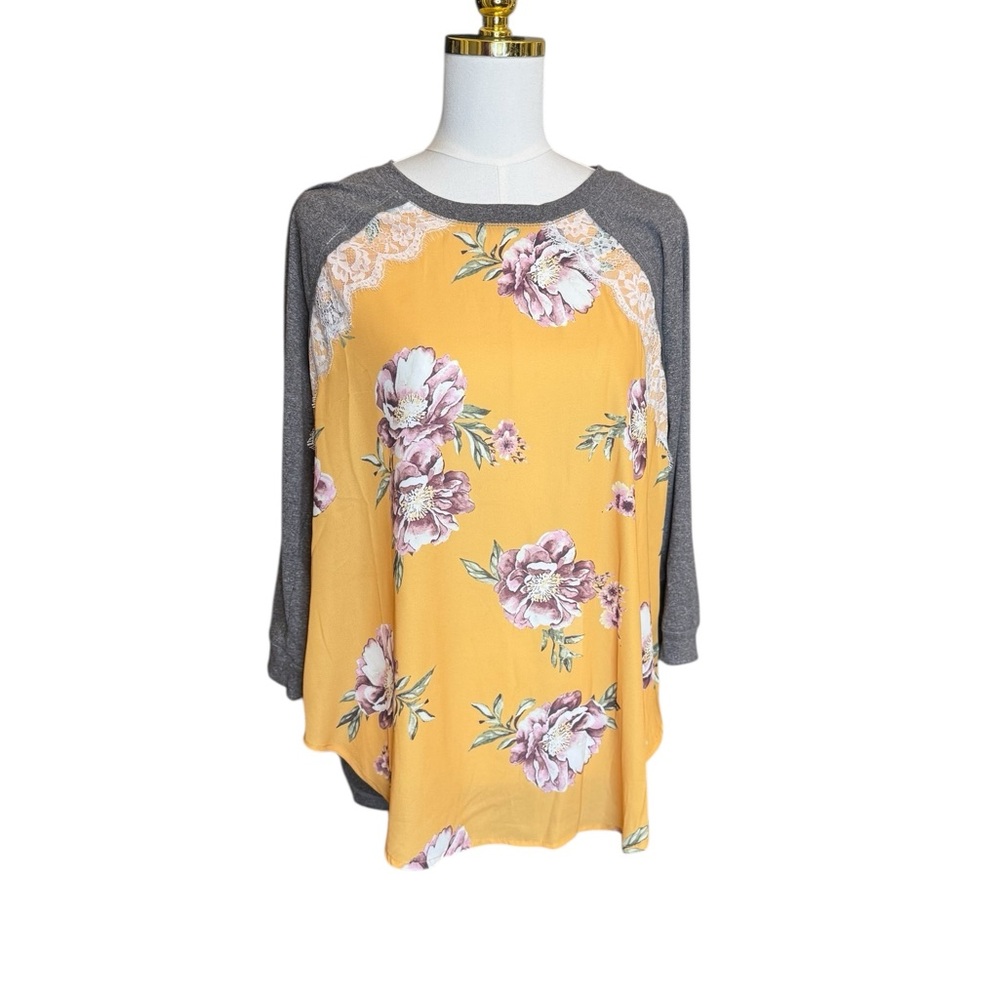 Stella Tweed 2X Yellow Grey Floral Lace Top Blouse Boho Tshirt 3/4 sleeve Plus